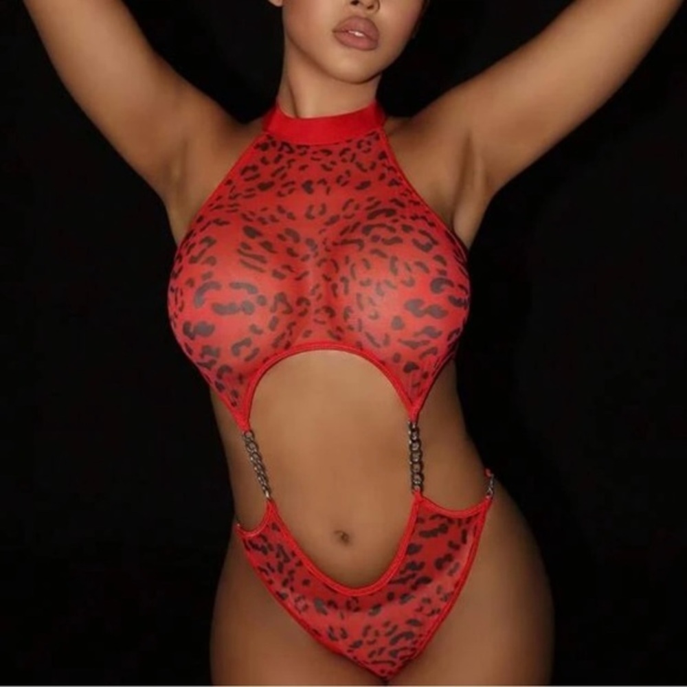 Sexy Red Leopard Print Cut Out Chain Detail Halter Teddy Bodysuit